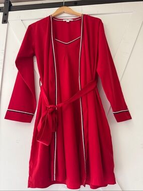 Tommy Hilfiger Red Nightgown and Long Sleeve Belted Robe with Signature Trim